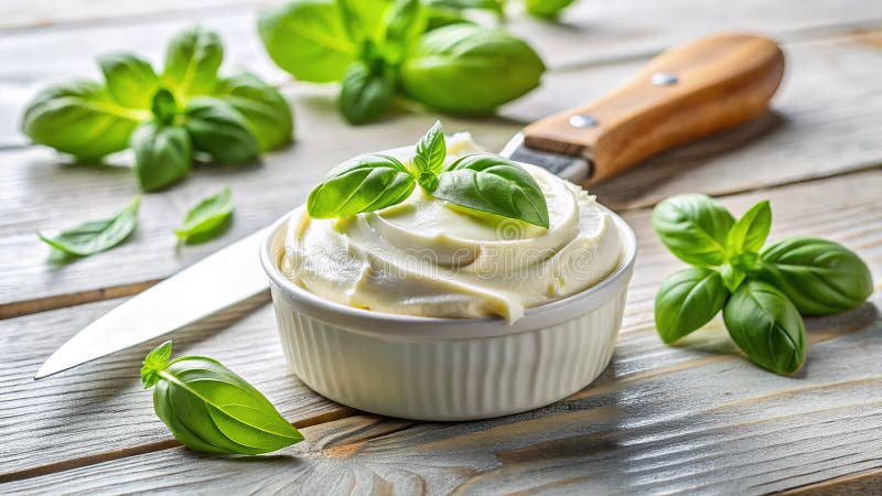 Φρέσκια αρωματική βασιλική κρεμώδους απλώθηκε με εύκολη σπιτική κρέμα τυριού Dip Recipe για ένα στιβαρό καλοκαιρινό ορεκτικό διανυσματική απεικόνιση