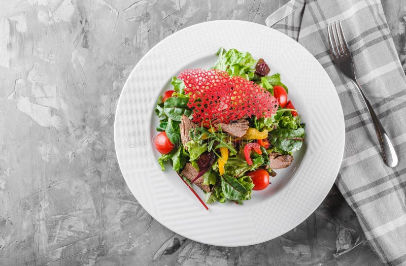 Φρέσκια πράσινη σαλάτα με το μαρούλι, το arugula, το γλυκό πιπέρι, τις ντομάτες και το βόειο κρέας στο πιάτο πέρα από το σκοτεινό στοκ εικόνες Φρέσκια πράσινη σαλάτα με το μαρούλι, το arugula, το γλυκό πιπέρι, τις ντομάτες και το βόειο κρέας στο πιάτο πέρα από το σκοτεινό στοκ εικόνες