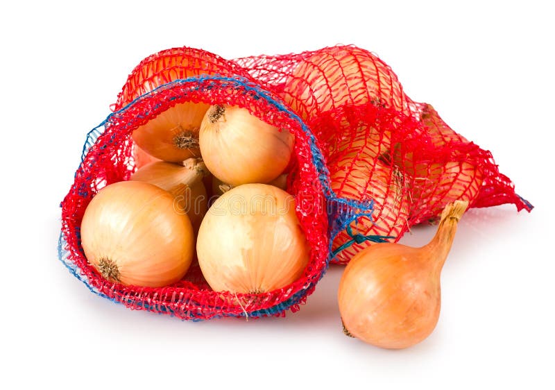 Fresh onions in package on white background. Fresh onions in package on white background
