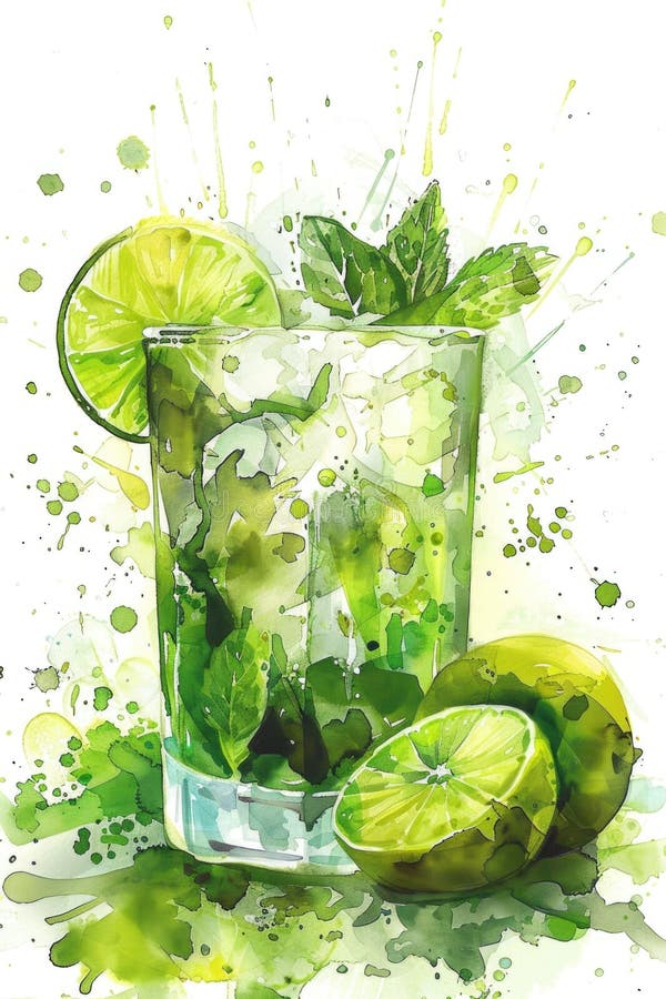 Fresh Mojito Cocktail Watercolor Illustration with Lime and Mint. AI generated. Fresh Mojito Cocktail Watercolor Illustration with Lime and Mint. AI generated