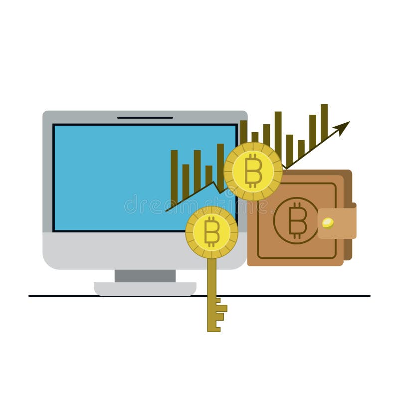 Φραγμοί στατιστικών Bitcoin που αυξάνονται το νόμισμα και το κλειδί και το πορτοφόλι και τον υπολογιστή γραφείου
