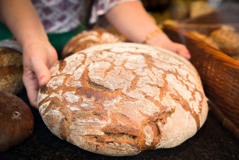 Φραντζόλα επιδείξεων Baker του φρέσκου φλοιώδους ψωμιού στοκ εικόνα Φραντζόλα επιδείξεων Baker του φρέσκου φλοιώδους ψωμιού στοκ εικόνα