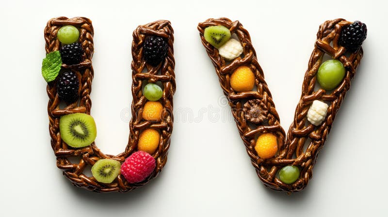 φρουτώδες γράμμα u και v με το pretzel απομονωμένο σε λευκό φόντο διανυσματική απεικόνιση