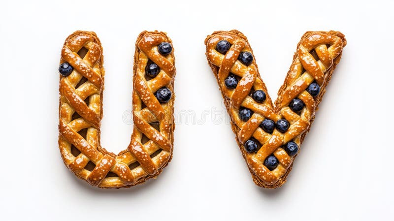 φρουτώδες γράμμα u και v με το pretzel απομονωμένο σε λευκό φόντο διανυσματική απεικόνιση