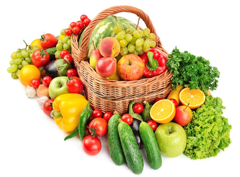 Fruit and vegetable in basket isolated on white background. Fruit and vegetable in basket isolated on white background