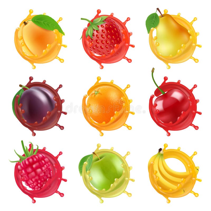 Fruits in juicy splashes. Vector realistic pictures of fresh fruits for labels designs. Illustration of juicy fruit, fresh food splash, healthy natural juice. Fruits in juicy splashes. Vector realistic pictures of fresh fruits for labels designs. Illustration of juicy fruit, fresh food splash, healthy natural juice