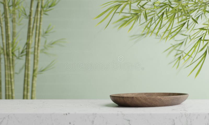 φυσικό ξύλινο πιάτο σε πολυτελές μαρμάρινο τραπέζι με φόντο μπαμπού. αίθουσα εκδηλώσεων καλλυντικών προϊόντων και προϊόντων ομορφι στοκ εικόνες
