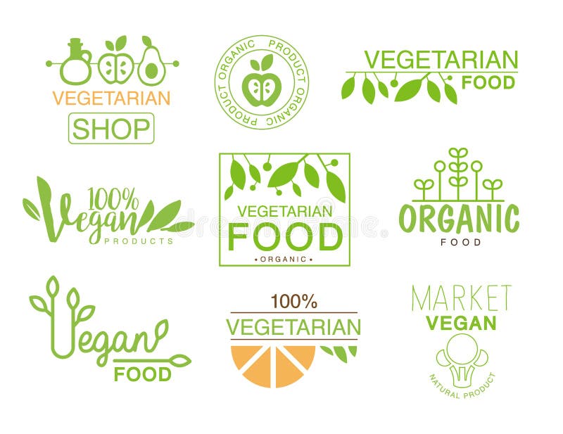 Φυσικό σύνολο τροφίμων Vegan σημαδιών λογότυπων καταστημάτων προτύπων στα πράσινα και πορτοκαλιά χρώματα που προωθούν τον υγιείς απεικόνιση αποθεμάτων