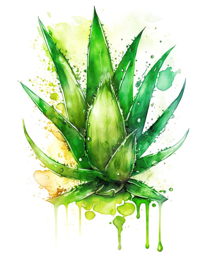 φυτό aloe vera σε υδρόχρωμα ξεπροβάλλει πάνω από την έννοια του χυμού λευκού φόντου. γενική απεικόνιση ai απεικόνιση αποθεμάτων