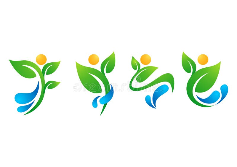 Φυτό, άνθρωποι, νερό, άνοιξη, φυσική, λογότυπο, υγεία, ήλιος, φύλλο, βοτανική, οικολογία, καθορισμένο διάνυσμα σχεδίου εικονιδίων