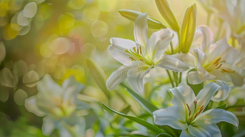 Close up of easter lillies on plant branch,white blooms bokeh background. Close up of easter lillies on plant branch,white blooms bokeh background