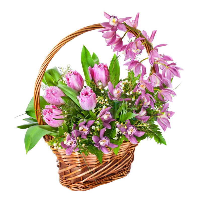 Bright flower bouquet in basket isolated over white background. Bright flower bouquet in basket isolated over white background