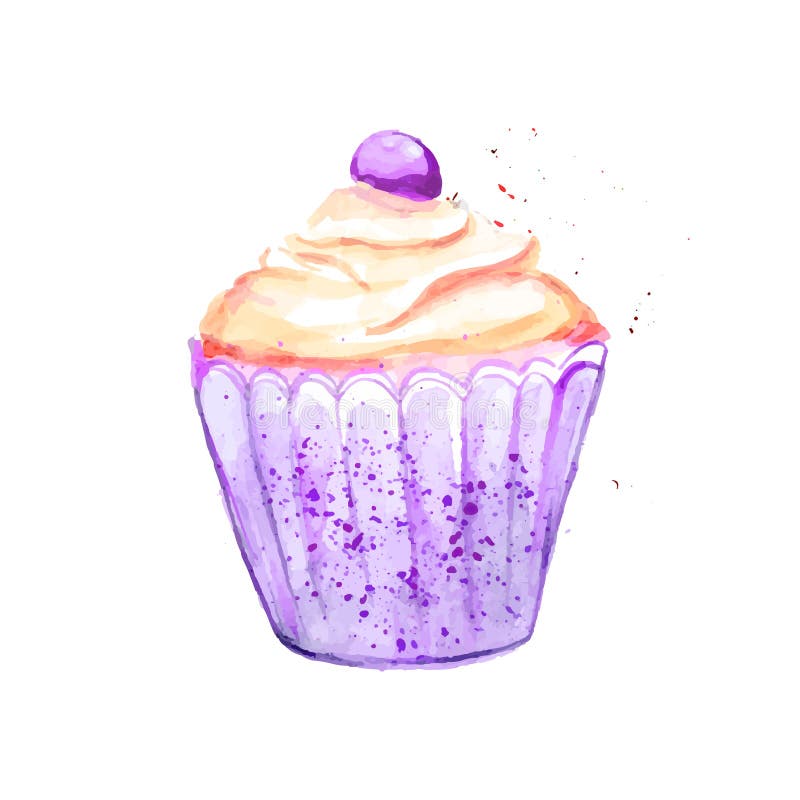 Φωτεινή βιολέτα cupcake με την κίτρινα κρέμα και το μούρο Διανυσματική απεικόνιση watercolor ελεύθερη απεικόνιση δικαιώματος Φωτεινή βιολέτα cupcake με την κίτρινα κρέμα και το μούρο Διανυσματική απεικόνιση watercolor ελεύθερη απεικόνιση δικαιώματος