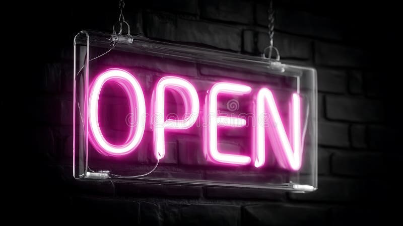 Φωτεινό ροζ σήμα νέον που εμφανίζει τη λέξη OPEN σε καθαρό ορθογώνιο ελεύθερη απεικόνιση δικαιώματος