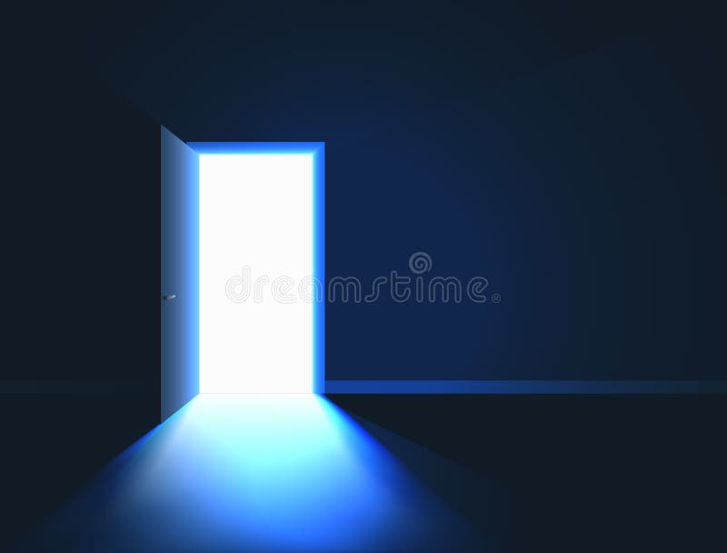 φωτεινό φως στο δωμάτιο μέσω ανοικτής πόρτας. ανοιχτή πόρτα σε σκοτεινό δωμάτιο σύμβολο ελπίδας ή εξόδου. απεικόνιση διανύσματος ελεύθερη απεικόνιση δικαιώματος