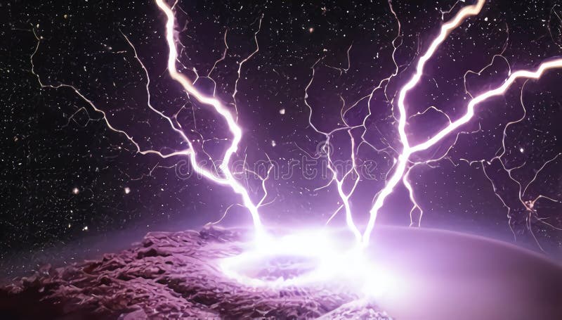 φωτεινός πορφυρός κεραυνός χτυπά έναν άγνωστο πλανήτη. φανταστικός κόσμος. κοσμική εικόνα. τεχνητό. ελεύθερη απεικόνιση δικαιώματος