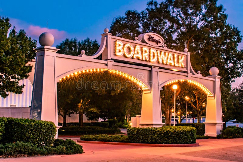 Orlando, Florida. December 18. 2019. Illuminated Disney Boardwalk arch at Lake Buena Vista area 39. Orlando, Florida. December 18. 2019. Illuminated Disney Boardwalk arch at Lake Buena Vista area 39