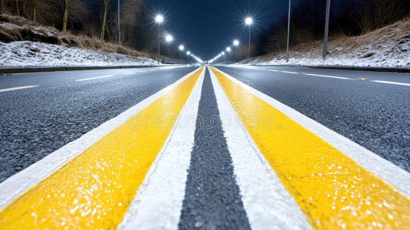 φωτισμένος δρόμος με φωτεινές κίτρινες γραμμές εκτείνεται μέσα στη νύχτα ai στοκ φωτογραφία με δικαίωμα ελεύθερης χρήσης