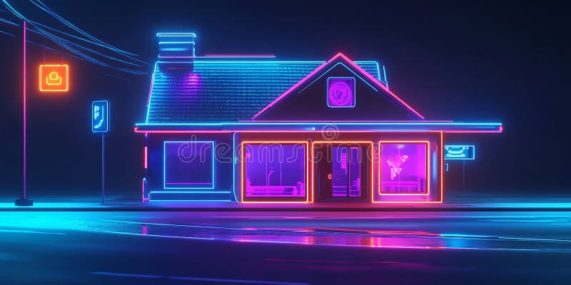 Φωτογραφία Neon House Cyberpunk Νυχτερινή Σκηνή ελεύθερη απεικόνιση δικαιώματος