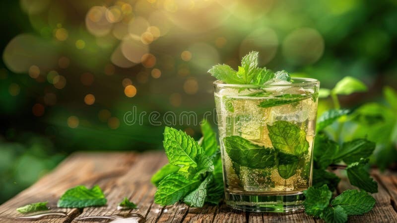 Close-up shot of a glass filled with refreshing mint tea, placed on a rustic wooden table. AI generated. Close-up shot of a glass filled with refreshing mint tea, placed on a rustic wooden table. AI generated