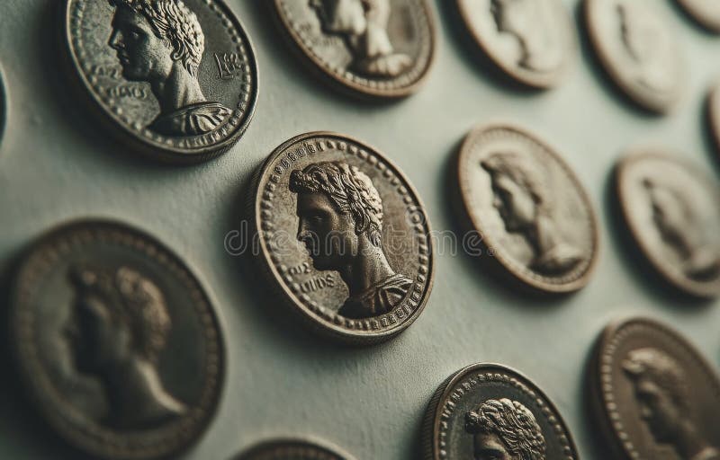 φωτογραφία από πάνω, παλαιό φόντο, με στοίβα αρχαίων ρωμαϊκών κερμάτων, που επικεντρώνεται γύρω από πορτραίτο του αυτοκράτορα στοκ εικόνα