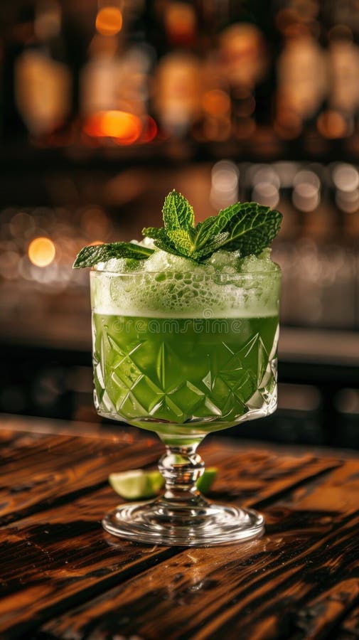 Close-up shot of a green cocktail with a fresh mint garnish in a glass on a wooden table. AI generated. Close-up shot of a green cocktail with a fresh mint garnish in a glass on a wooden table. AI generated