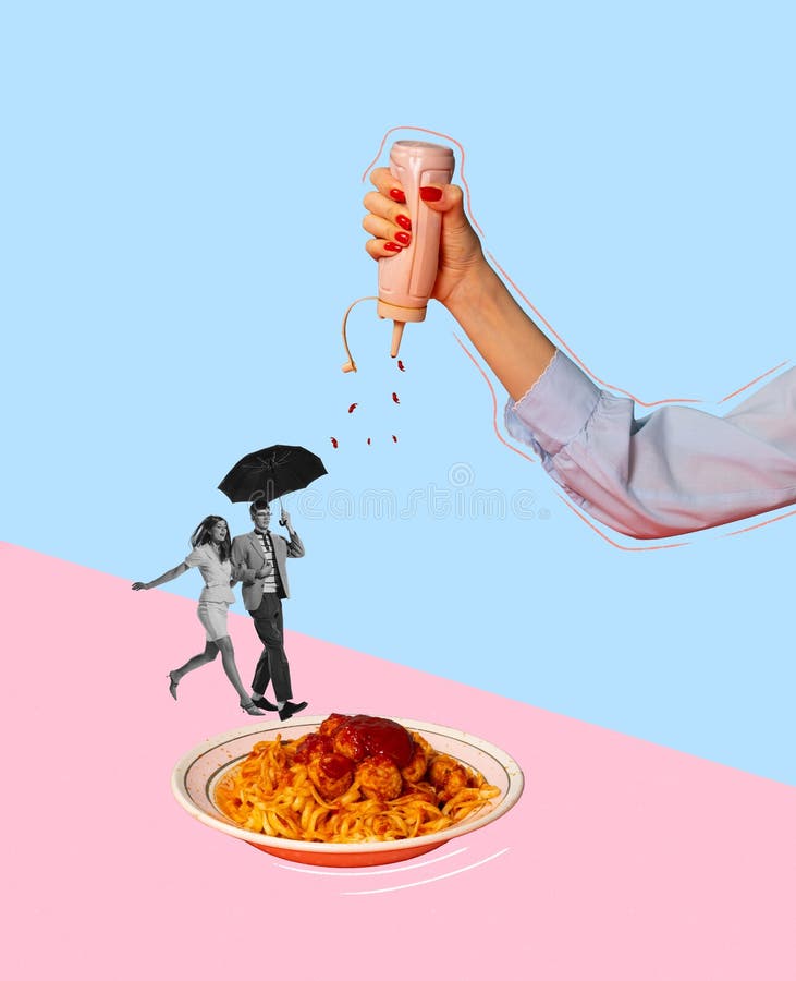 φωτογραφία ποπ μουσικής. σύγχρονο κολάζ γραφικών. κομψό νεαρό ζευγάρι που τρέχει κάτω από την ομπρέλα για φαγητό. νόστιμο στοκ εικόνα
