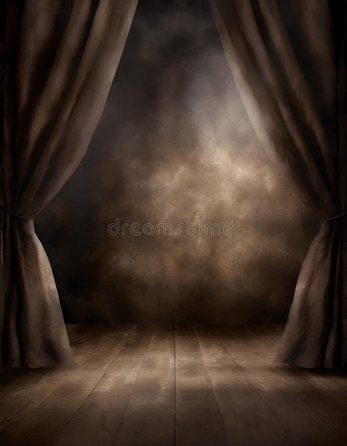 φόντο dark grunge για εικόνες με ξύλινο δάπεδο και φόντο καφέ εσοχών με κουρτίνες ελεύθερη απεικόνιση δικαιώματος