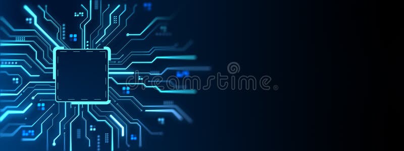 Φόντο πλακέτας κυκλώματος μπλε νέον με λαμπερό chip επεξεργαστή και ψηφιακές γραμμές σε σκούρο ντεγκραντέ για μοντέρνα σχεδίαση τε διανυσματική απεικόνιση