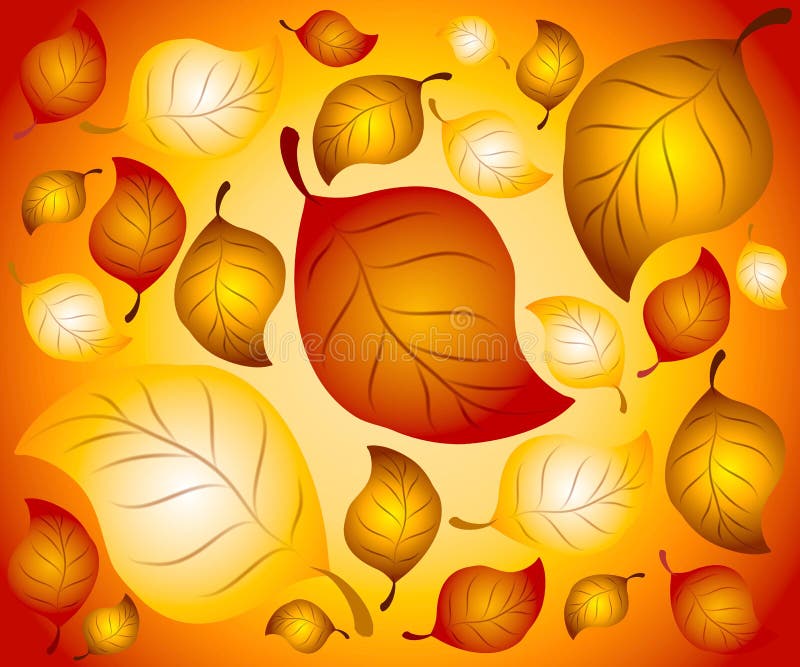 A clip art illustration of an arrangement of autumn leaves in red, gold and brown as a background pattern. A clip art illustration of an arrangement of autumn leaves in red, gold and brown as a background pattern