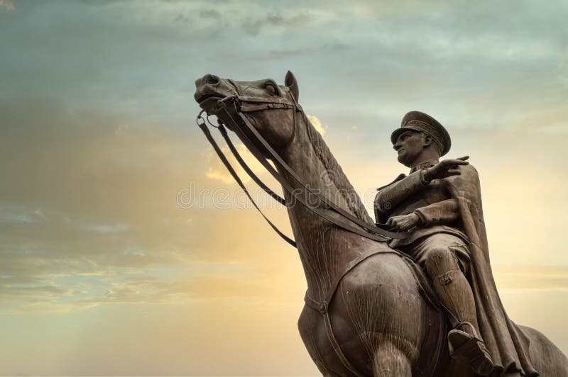 Bronze memorial statue of Mustafa Kemal Ataturk on his horse, the founder of the Republic of Turkey, over the sunset sky. Bronze memorial statue of Mustafa Kemal Ataturk on his horse, the founder of the Republic of Turkey, over the sunset sky