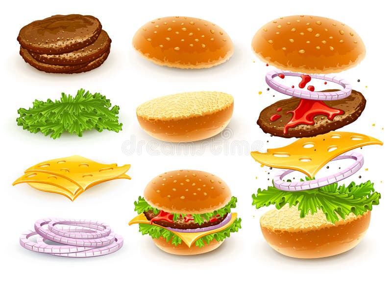Hamburger with cheese, lettuce, onion and meat rissole. Vector illustration. Hamburger with cheese, lettuce, onion and meat rissole. Vector illustration