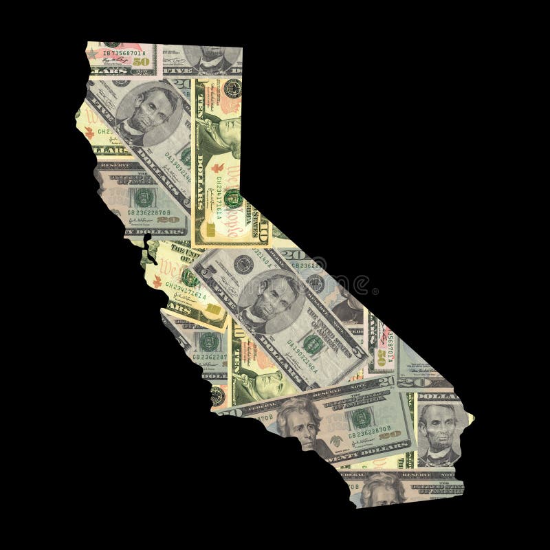 Map of California with American dollars bills illustration. Map of California with American dollars bills illustration