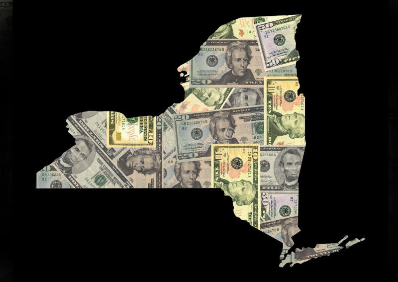 Map of New York with American dollars bills illustration. Map of New York with American dollars bills illustration