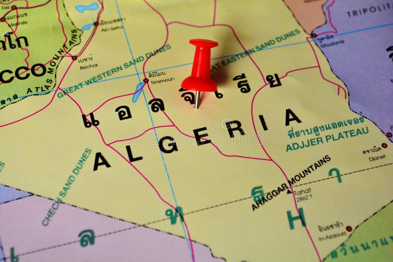 Macro shot of algeria map with push pin. Macro shot of algeria map with push pin