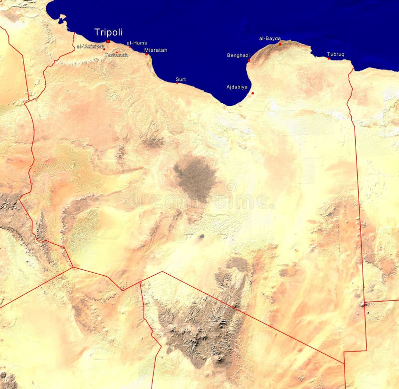 Map of Libya, satellite view including borderlines and main cities. Map of Libya, satellite view including borderlines and main cities