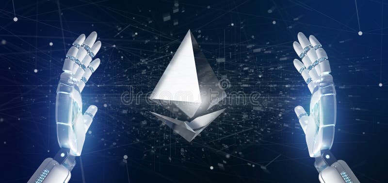 Χέρι Cyborg που κρατά ένα crypto Ethereum σημάδι νομίσματος πετώντας γύρω από μια σύνδεση δικτύων - τρισδιάστατη απόδοση απεικόνιση αποθεμάτων Χέρι Cyborg που κρατά ένα crypto Ethereum σημάδι νομίσματος πετώντας γύρω από μια σύνδεση δικτύων - τρισδιάστατη απόδοση απεικόνιση αποθεμάτων