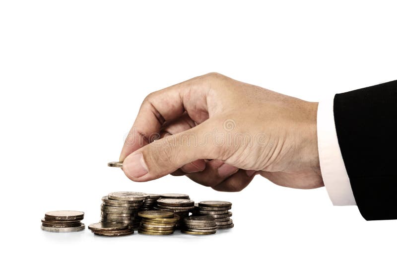 Χέρι επιχειρηματιών που βάζει τα νομίσματα χρημάτων, που σώζουν την έννοια χρημάτων, που απομονώνεται στο άσπρο υπόβαθρο στοκ εικόνα με δικαίωμα ελεύθερης χρήσης Χέρι επιχειρηματιών που βάζει τα νομίσματα χρημάτων, που σώζουν την έννοια χρημάτων, που απομονώνεται στο άσπρο υπόβαθρο στοκ εικόνα με δικαίωμα ελεύθερης χρήσης