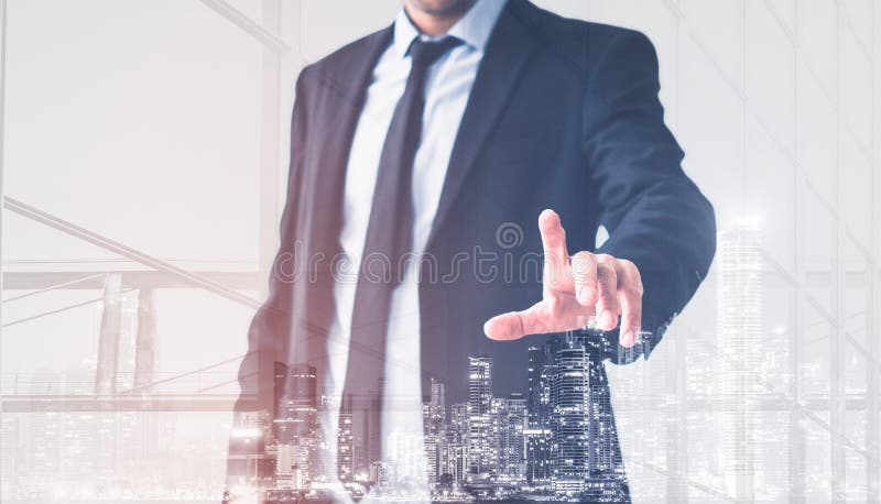 Χέρι επιχειρηματιών σχετικά με την εικονική οθόνη, σύγχρονη έννοια υποβάθρου επιχειρησιακών ατόμων απεικόνιση αποθεμάτων Χέρι επιχειρηματιών σχετικά με την εικονική οθόνη, σύγχρονη έννοια υποβάθρου επιχειρησιακών ατόμων απεικόνιση αποθεμάτων