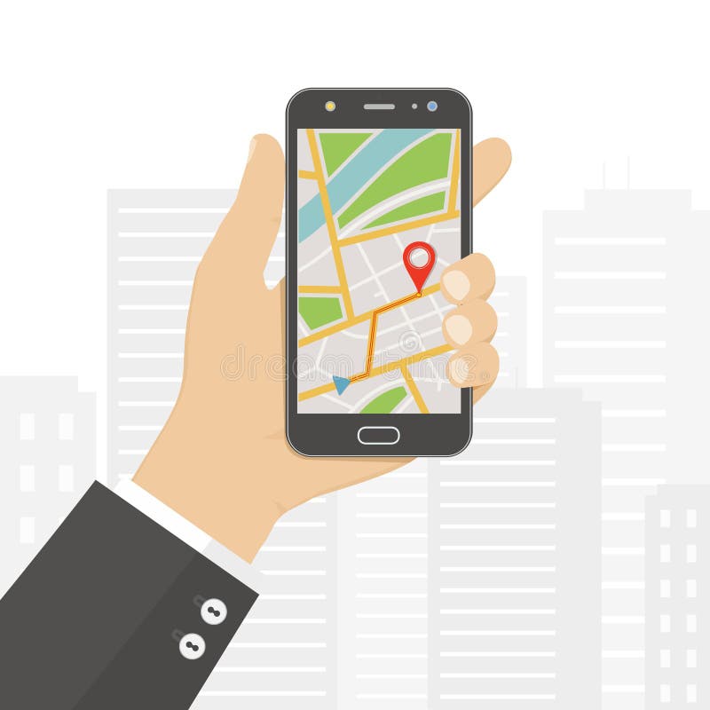 Χέρι κρατώντας smartphone με χάρτη πλοήγησης gps στην οθόνη Έννοια της κινητής πλοήγησης διανυσματική απεικόνιση