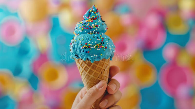 Hand Holding Blue Ice Cream Cone With Sprinkles. Hand Holding Blue Ice Cream Cone With Sprinkles.