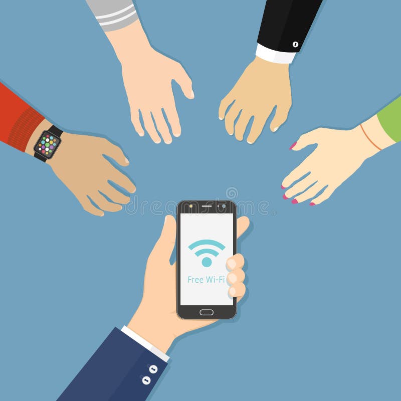 Χέρι που κρατά μαύρο smartphone με εικονίδιο Wi-Fi Τα χέρια των ανθρώπων απλώνουν για δωρεάν wi-fi απεικόνιση αποθεμάτων