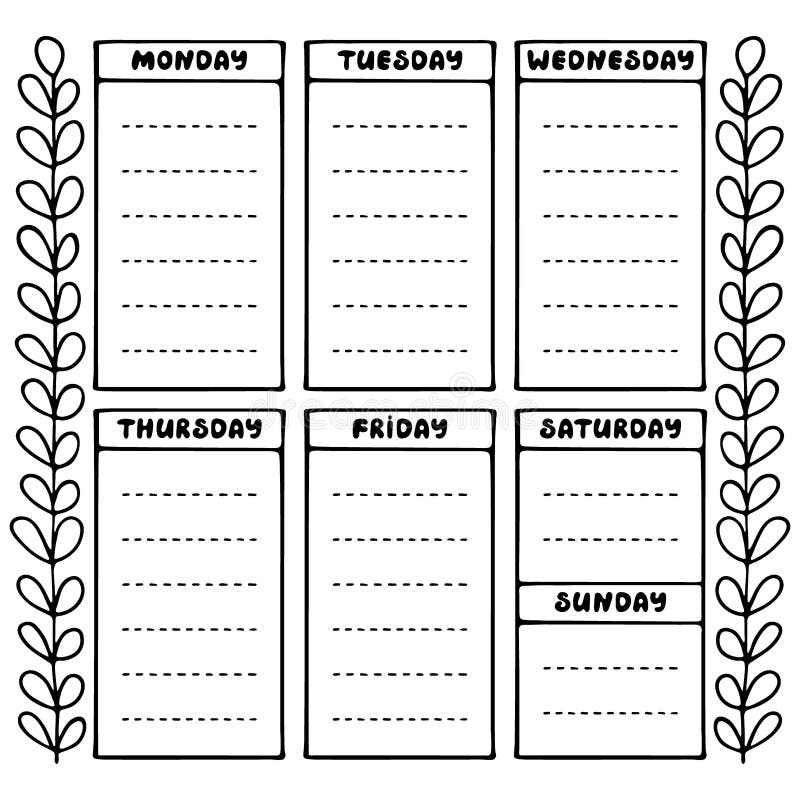 Hand drawing black and white weekly planner template. Cute doodle stationery organizer and schedule for daily plans, diary, schedules. Bullet journal style. Vector illustration. Hand drawing black and white weekly planner template. Cute doodle stationery organizer and schedule for daily plans, diary, schedules. Bullet journal style. Vector illustration