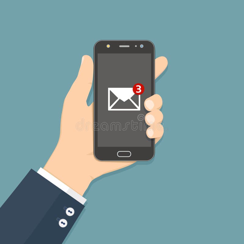 Χέρι ύφους σχεδίου λάμψης που κρατά το smartphone με την εφαρμογή ηλεκτρονικού ταχυδρομείου στην οθόνη ελεύθερη απεικόνιση δικαιώματος