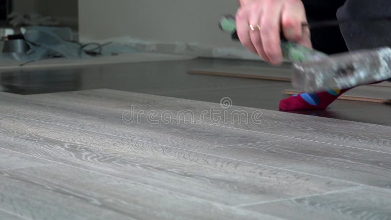 Χέρια Handyman που καθορίζουν τους φυλλόμορφους ξύλινους πίνακες δαπέδων απόθεμα βίντεο