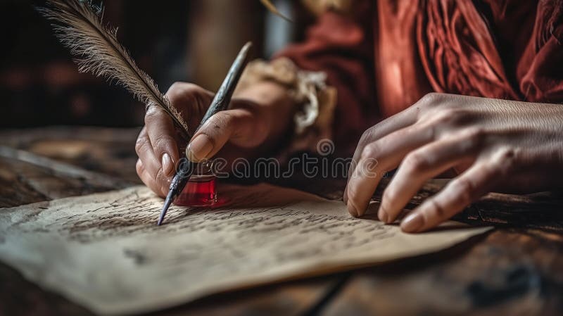 Χέρια ατόμου που γράφει με πένα πάνω σε χαρτί περγαμηνής πάνω σε ξύλινο τραπέζι διανυσματική απεικόνιση