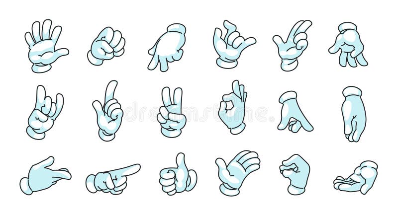 Cartoon hands in gloves. Doodle comic mascot arms, human character palms and fingers in white gloves showing gestures. Vector illustration doodle cartoons motion hands collection. Cartoon hands in gloves. Doodle comic mascot arms, human character palms and fingers in white gloves showing gestures. Vector illustration doodle cartoons motion hands collection