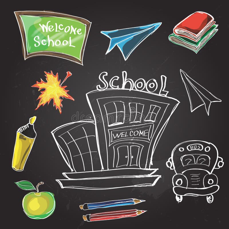 Welcome Back to School Classroom Supplies Notebook Doodles Hand-Drawn Illustration Design Elements, Freehand drawing, Vector. blackboard background. Welcome Back to School Classroom Supplies Notebook Doodles Hand-Drawn Illustration Design Elements, Freehand drawing, Vector. blackboard background.