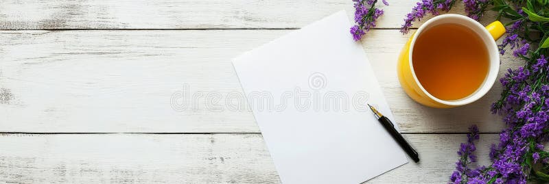 χαλαρωτικό διάλειμμα για τσάι με λευκό χαρτί και λεβάντα ένα φλιτζάνι τσάι ένα λευκό χαρτί και λεβάντα συμβολίζουν χαλάρωση ελεύθερη απεικόνιση δικαιώματος