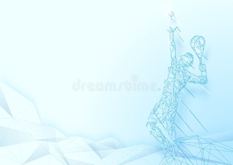 Low polygon Serving tennis player wireframe mesh on soft blue background. Low polygon Serving tennis player wireframe mesh on soft blue background